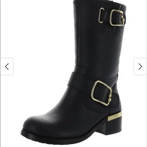 Vince Camuto black Wantilla leather moto boot with gold detail trim. Size 8.5